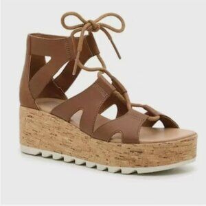 SOREL Cameron Flat Form Lace Wedge Cork Sandals Brown Womens